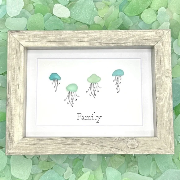 Sea Glass Art Family Present| Friendship Seaglass Jellyfish Framed Art Gift - Picture 3 of 9